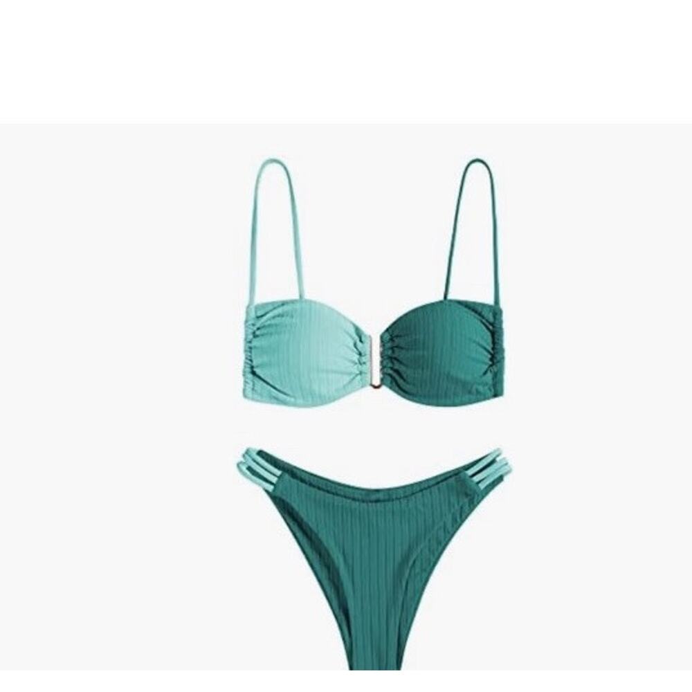 ZAFUL Women's Green High Cut Ribbed Size Medium Bikini Swimsuit 2 Piece Padded